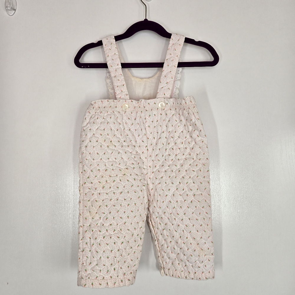 VTG Tiny Tots Baby Girl 12 months Quilted overalls Pink Floral Carrot Romper 90s - Picture 5 of 17